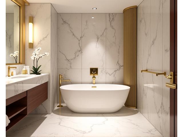 Spacious hotel bathroom with marble, gold fixtures and a freestanding tub