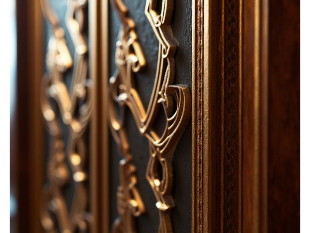 Shinju Suitesのアールデコ調の建築詳細。幾何学模様と金色のアクセントが特徴。